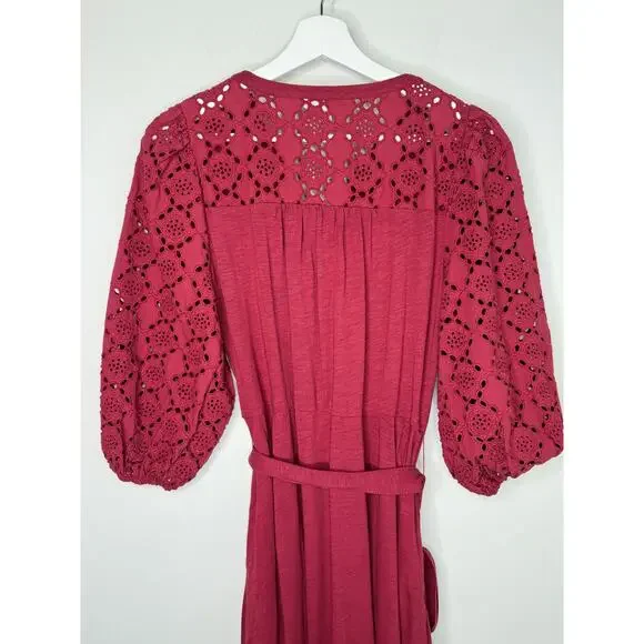 Boden Eden Broderie Jersey Puff Sleeve Midi Dress Garnet Red Women's Size 8P - Picture 10 of 11